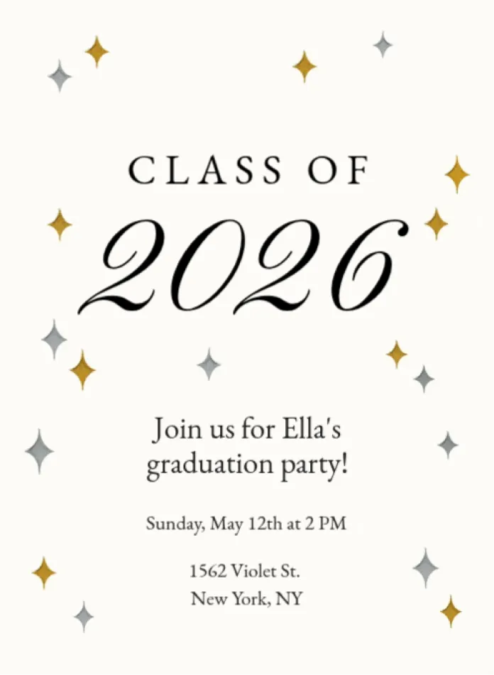 White invitation with "Class of 2026" lettering.